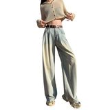 Korean Version Of Blue Denim Broad-Legged Trousers Women High-Waist Loose Thin Folds Design Straight Tug Trousers