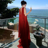 2025 Red Hanging Neck With A Hundred Folding Dress Dress Travel Vacation To Take Pictures Of The Folds Of Sanya Beach Dress