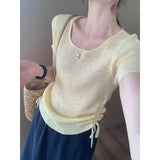 Simple Style Collar On Both Sides Of The Drawstring Short Sleeve 2025 Summer New Korean Version Of The Casual Temperament Pure Color T-Shirt Top