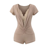 White V-Neck Shoulder Lace Spliced Short-Sleeved T-Shirt Girl Summer Sexy Slimming Hottie Shirt Top