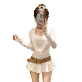 Fake Two-Piece Bottomed Shirt Woman 2026 New White Lace Long Sleeve High-Waisted Short Skirt Gentle Thin Temperament Two Sets