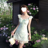 Dopamine Mint Green Flower Dress Women's Summer Gentle Wind Leaster Stitching Small Flying Sleeves To The Waist-Ponded Skirt