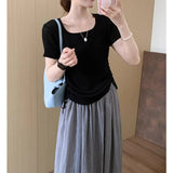 Simple Style Collar On Both Sides Of The Drawstring Short Sleeve 2025 Summer New Korean Version Of The Casual Temperament Pure Color T-Shirt Top