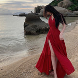 French V-Neck Hanging Neck Dress Dress Women's Seaside Vacation Beautiful Back Sexy Open Fork Showing Skinny Dress Travel