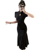 New Chinese Style Dark Flower Improved Cheongsam Women Summer Waist Thin Dress Buckle Design With The Hip Fishtail Skirt