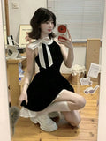 Black Sleeveless Hanging Neck Dress Women Summer French Temperament High-End Feeling Small Bow Bows Waist Short Skirt
