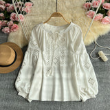Vintage National Style New Chinese Lantern Sleeve Shirt Women's Summer Loose Thin Tweed Heavy Industry Embroidery Hollow Top