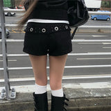South Korea Dongdaemun Chic Dark Cool Girl Metal Buckle Denim Hot Pants Crotch Thin Shorts Female 2 Colors