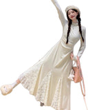 Small Knitted Dress Spring And Autumn Long-Sleeved Lace Spliced Fishtail Skirt Half-High Collar Inside The Sweater Skirt
