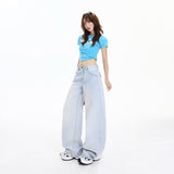 Vintage High-Waist Loose Broad Leg Trousers After Buckle Design Sense Adjustable Scissor Pants Jeans Woman