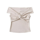 Spice Girls Folded Knot Stacked Short-Sleeved T-Shirt Chic One-Word Shoulder Pure Desire To Design The Body Of The Woman