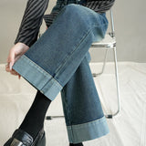 Autumn High-Waisted Ripping Elastic Straight Jeans Women's Large-Size Slim Slim-Skin-Nine Trousers Small