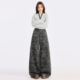 Grey Camouflage Broad-Legged Jeans Women's Spring 2025 New High-Rise Loose Thin Straight Trousers Snow Neil