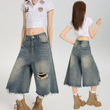 Street High-Waisted Hole Broad-Legged Jeans Women's Summer Loose Leisure Water Wash Straight Seven-Point Trousers