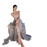 French Blue Broken Flower Hanging Neck Dress Women Summer Niche Design Small Man To Close The Waistless Sleeveless Skirt