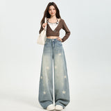 2025 Autumn Retro Star Print Wide-Legged Jeans Women Loose Straight Barrel Thin Design Trousers