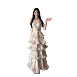 French Broken Flower Collar Hanging Neck Dress Women's Summer Small Temperament To Close The Waist Big Swing Leaves Side Long Skirt