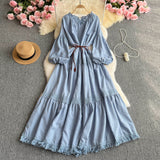 French High-End Lace Splicing Strap To The Waist Lantern Sleeve Dress Female Thin Temperament Over The Knee Dress
