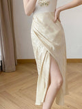 2026 New Chinese Style High-Rise Thin Open Wrinkled Folded Folded Acetic Fishtail Dress Female Summer Apricot Half Skirt