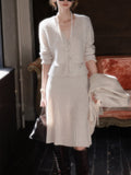 Soft-Cough Light Milk Tea Elegant Italian Cashmeal Knitted Blouse + Skirt Set