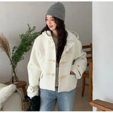 Korean Chic Autumn And Winter Retro Aging Horn Buckle Hood Loose Short Hair Coat Coat 3 Colors