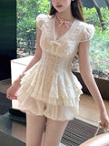 Kyoto Tea Room V-Neck Cereise Lace Embroidery Spliced Short-Sleeved Bow Blouse Dress Suit Summer Girl