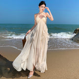 Sexy Temperament Heavy Industry Hanging Neck Sling Dress Women's Summer Dress White Bare Back Seaside Beach Skirt