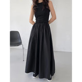 Korean Version Of The Summer Simple Round Collar Show Thin Splicing Folded Elastic Waist Skirt Sleeveless Long Dress 6 Colors