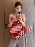 Vintage Hottie Red Slings Medium Long Striped Vest Woman Summer Loose Thin Pure Want To Wear Clothes
