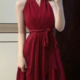 Pure-Want Red Hanging Neck Dress Woman 2025 Early Spring New A-Character Sister To Close The Belt To Repair The Body Of The Long Dress