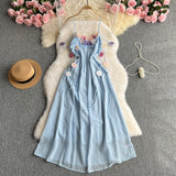 Atmosphere Fairy Vacation Dress French Colored Three-Dimensional Flowers High Waist Slim Temperament Suspension Chiffon Dress