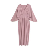 French Temperament Folded V-Neck Seven-Sleeved Dress Women's Knitted Long Dress Open Pocketed And Waist-Poked Skirt New