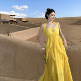 Brass Hanging Neck Sexy Big Dew Long Dress Female Yellow Light Luxury High-End Feeling Leaf Side Holiday Dress