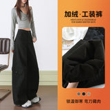 7744 Autumn And Winter Plus Velvet Vintage Hottie Scissors Trousers Set Thin Multi-Pocket Broad-Legged Workwear Casual Pants