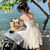 2025 French Romantic Delicate Temperament Beige Sling Skirt Bow Folding Cup Silken Sling Skirt Dress