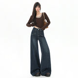 Vintage Micro-Horn Jeans Women Spring And Autumn High Waist Hanging Feeling Niche Front Pocket Elastic Broad Leg Trousers Trousers
