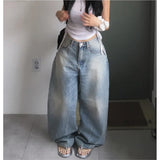South Korea Dongdae PP Wing Print Loose Jeans Women Retro To Make Old High-Rise Thin Broad Legs Casual Trousers