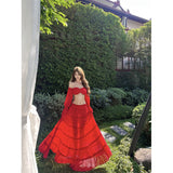 Beach Vacation Beautiful Tour Wearing A Female Red Shoulder Short Blouse High Waist Half-Body Skirt Suit Pure Desire