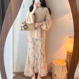 Adjusting The Pure Color Of Autumn Lantern Lantern Sweater Top Loose Knitted Autumn And Winter Long Sleeves Long Floral Half-Dress