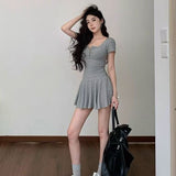 Gray U-Neck Short-Sleeved Dress Woman Summer Small Folded Waist A Skirt Babes Super Short Skirt Folding Skirt