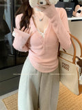 V-Neck Long-Sleeved Knitted Shirt Autumn And Winter Sweet And Spicy In The Early Winter White Bottom Repair Body Women's Gray Thin