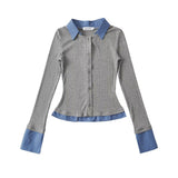 College Wind Fake Two Long-Sleeved Knitted Shirt Women's Shirt Collar Thin Short Sweater Korean Cardigan New