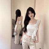 Net Red Pure Lust Lace Lace Slant Shoulder Vest Three-Dimensional Lace Han Han Yen Age-Reduced Sleeve Sexy Slimming Top