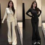 Autumn And Winter Wear A Set Of Women's Fashion Leisure Slim Thin Open Fork Long-Sleeved T-Shirt Broad Leg Pants Two Sets Of Women