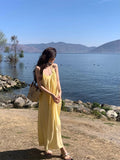 French Fashion Seaside Holiday Yellow Sling Dress Women Summer Loose Casual Beach Dress Fairy