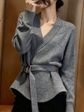Korean Wearing Gray V-Neck Long-Sleeved Knitted Shirt Women's Autumn And Winter Loose Lazy Waist Sweater Inside The Bottom Top