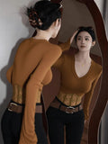 Design Lace Splicing With Long-Sleeved T-Shirt Top Autumn And Winter Unique Hot Girl Curry V Collar Shoulder-Bottomed Shirt Woman