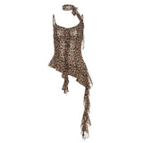 Pure-Want-Style Leopard Print Hanging Neck Sling Vest For Summer New Lotus Leaf Edges Thin Irregular Hottie Top