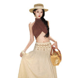 2026 Wave Roost Holiday Vintage White Dress + Hanging Neck-Lved Shoulder Dress Sexy Bare Back Sling