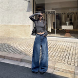 25 Autumn And Winter New Retro Fold Design High Waist Display Thin Leg Tug Jeans Women Blue Trousers